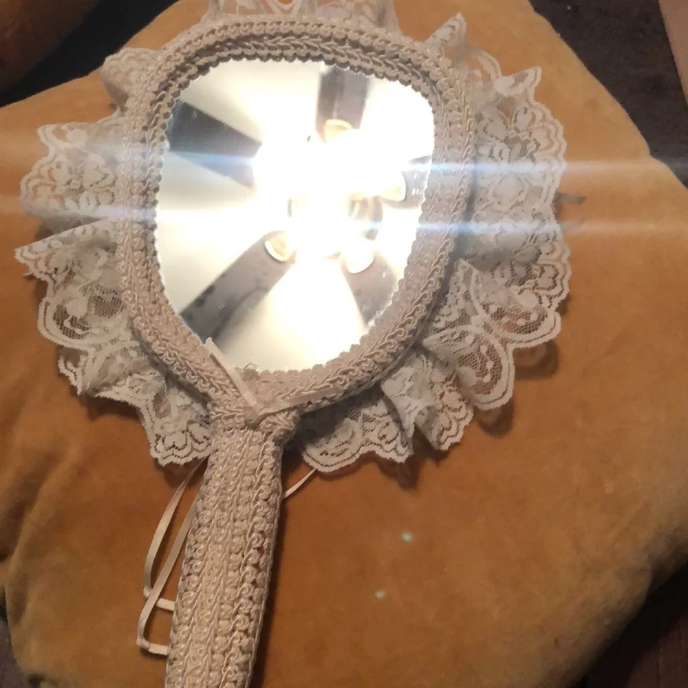 Mid-Century Antique Rose & Lace Hand Mirror